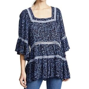 Free People - Talk About It Blue Floral Lace Boho Short Sleeve Blouse Size Small